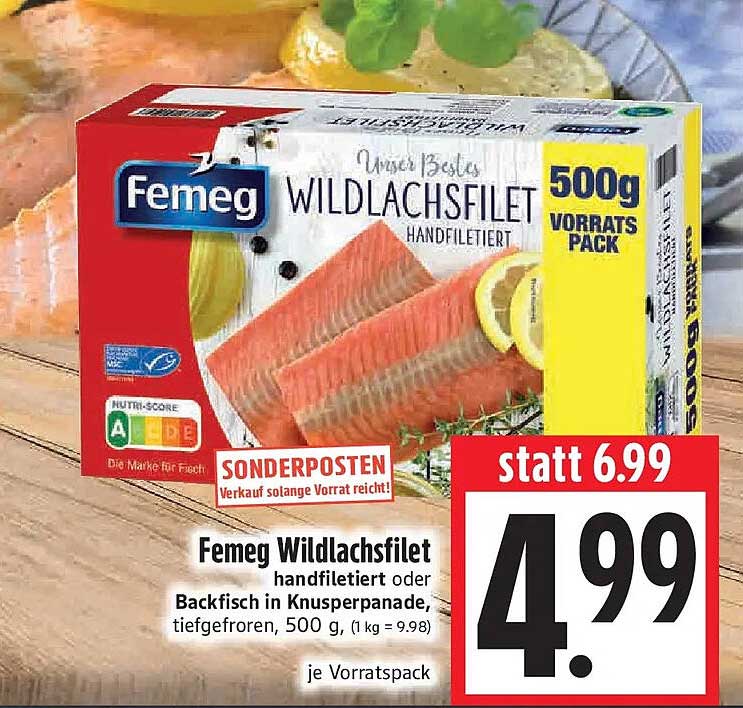 Femeg Wildlachsfilet handfiletiert oder Backfisch in Knusperpanade, tiefgefroren, 500 g, je Vorratspack