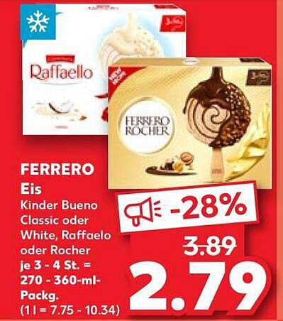 Ferrero Eis Kinder Bueno Classic oder White, Raffaello oder Rocher je 3 - 4 St. = 270 - 360-ml-Packg. (1 l = 7.75 - 10.34)