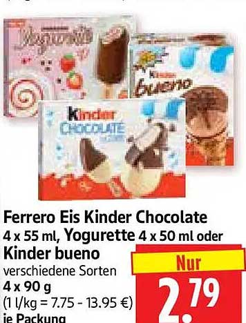 Ferrero Eis Kinder Chocolate 4 x 55 ml, Yogurette 4 x 50 ml oder Kinder bueno verschiedene Sorten 4 x 90 g