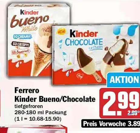 Ferrero Kinder Bueno/Chocolate tiefgefroren 280-180 ml Packung (1 l = 10.68-15.90)