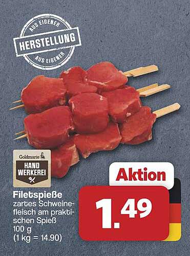 Filetspieße zartes Schweinefleisch am praktischen Spieß 100 g (1 kg = 14.90)