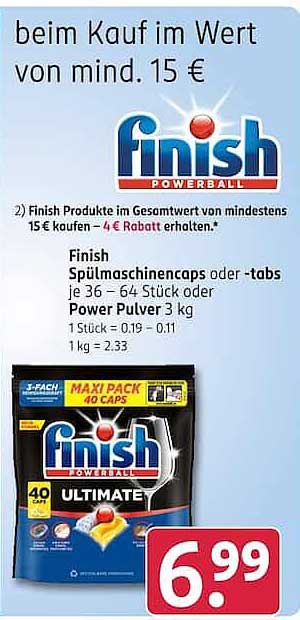 Finish Spülmaschinencaps oder -tabs je 36 – 64 Stück oder Power Pulver 3 kg