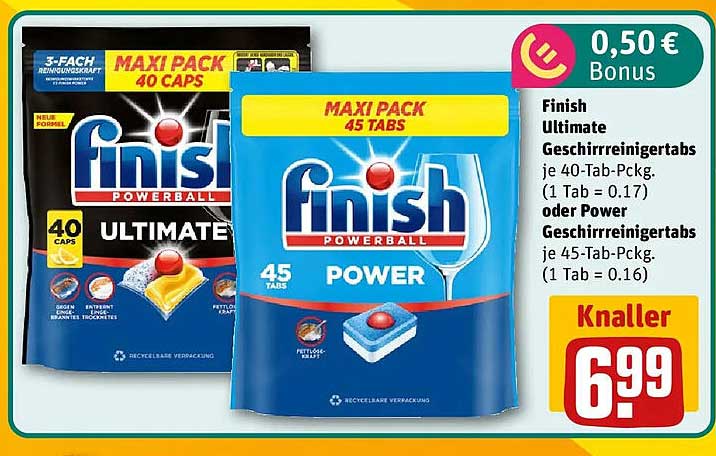Finish Ultimate Geschirrreinigertabs je 40-Tab-Pckg. oder Power Geschirrreinigertabs je 45-Tab-Pckg.