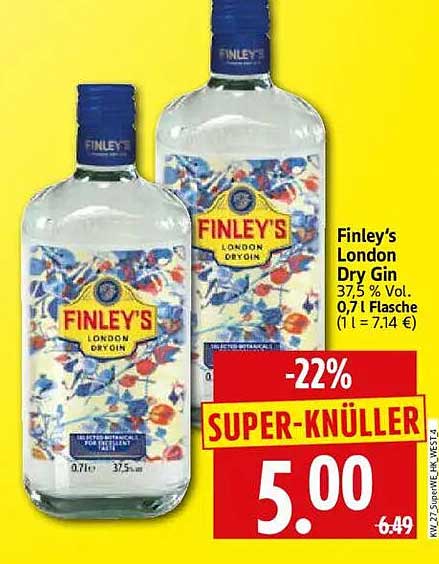 Finley’s London Dry Gin, 37,5 % Vol., 0,7 l Flasche
