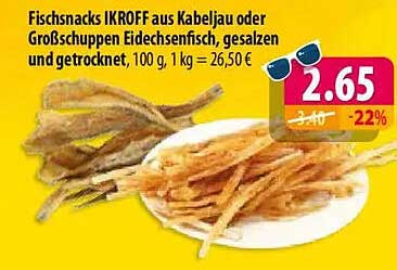 Fischsnacks IKROFF aus Kabeljau oder Großschuppen Eidechsenfisch, gesalzen und getrocknet, 100 g, 1 kg = 26,50€