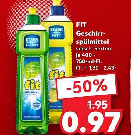FIT Geschirrspülmittel versch. Sorten je 400 - 750-ml-Fl. (1 l = 1.30 - 2.43)