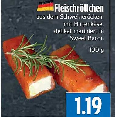 Fleischröllchen aus dem Schweinerücken, mit Hirtenkäse, delikat mariniert in Sweet Bacon