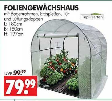 FOLIENGEWÄCHSHAUS mit Bodenrahmen, Erdspeiben, Tür und Lüftungsklappen