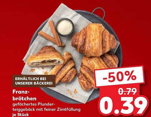 Franzbrötchen gefächertes Plunderteiggebäck mit feiner Zimtfüllung je Stück