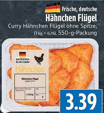 Frische, deutsche Hähnchen Flügel Curry Hähnchen Flügel ohne Spitze, (1 kg = 6,16), 550-g-Packung
