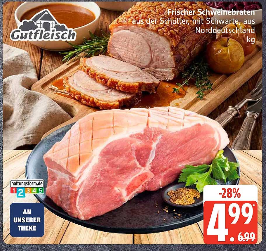 Frischer Schweinebraten aus der Schulter, mit Schwarte, aus Norddeutschland