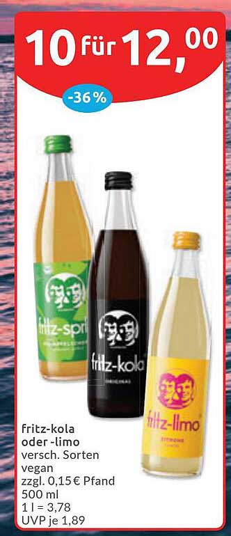 fritz-kola oder -limo versch. Sorten vegan zzgl. 0,15 € Pfand 500 ml 1 l = 3,78 UVP je 1,89