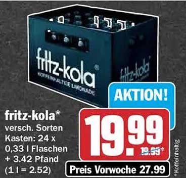fritz-kola* versch. Sorten Kasten: 24 x 0,33 l Flaschen + 3,42 Pfand (1 l = 2.52)