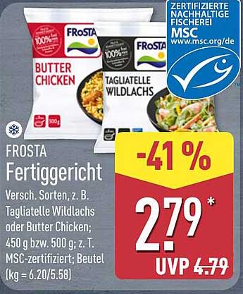 FRoSTA Fertiggericht Versch. Sorten, z. B. Tagliatelle Wildlachs oder Butter Chicken, 450 g bzw. 500 g; z. T. MSC-zertifiziert; Beutel