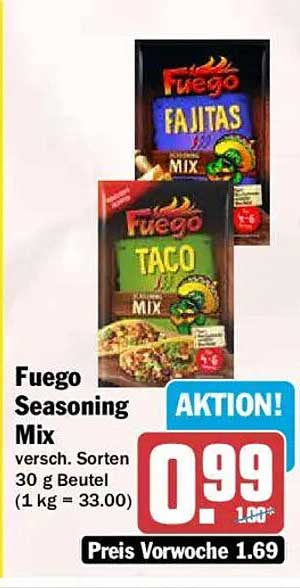 Fuego Seasoning Mix versch. Sorten 30 g Beutel (1 kg = 33.00)