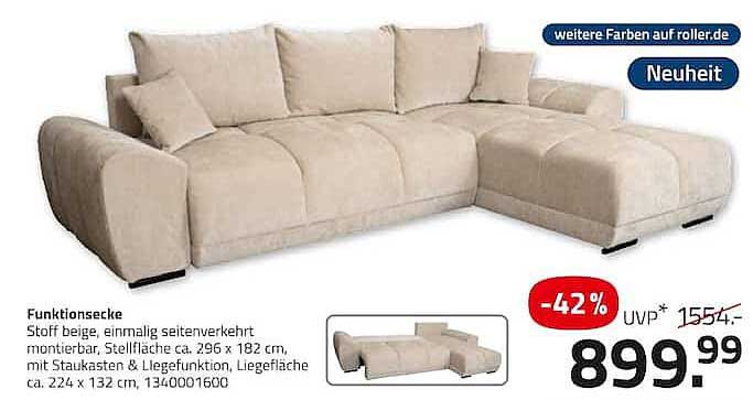Funktions-Ecke Stoff beige, einmalig seitenverkehrt montierbar, Stellfläche ca. 296 x 182 cm, mit Stauraum & Liegefunktion, Liegefläche ca. 224 x 132 cm