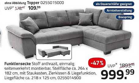 Funktionsecke Stoff anthrazit, einmalig seinververehnbarer Stellasstich ca. 264 x 182 cm, mit Stauraumkasten, Stellfläche ca. 264 x 182 cm, mit Stauraumkasten, Stellfläche ca. 264 x 182 cm, mit Stauraumkasten, Liegefunktion, Liegefläche ca. 218 x 125 cm, 