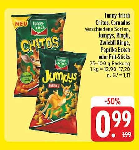 funny-frisch Chitos, Cornados verschiedene Sorten, Jumpys, Ringli, Zwiebli Ringe, Paprika Ecken oder Frit-Sticks