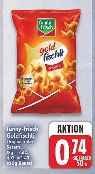 funny-frisch Goldfischli Original oder Sesam 1kg = 7,49, n.p. 1,49, 100g Beutel
