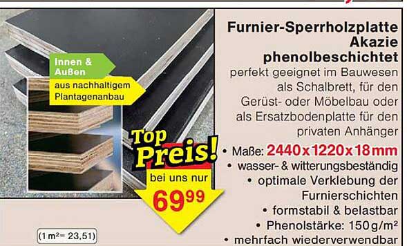 Furnier-Sperrholzplatte Akazie phenolbeschichtet