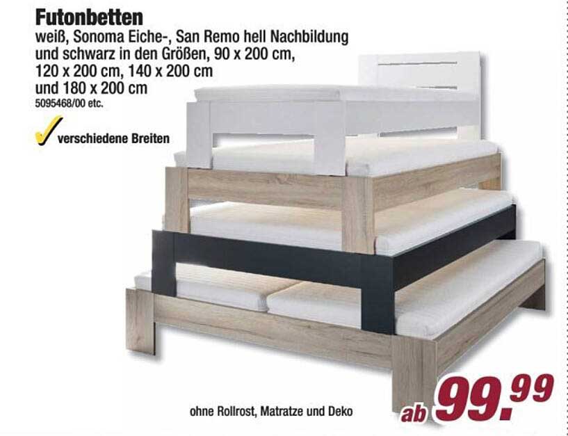 Futonbetten weiß, Sonoma Eiche-, San Remo hell Nachbildung und schwarz in den Größen, 90 x 200 cm, 120 x 200 cm, 140 x 200 cm und 180 x 200 cm
