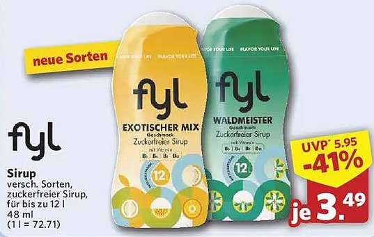 fyl Sirup versch. Sorten, zuckerfreier Sirup, für bis zu 12 l, 48 ml
