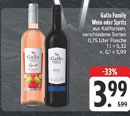 Gallo Family Wein oder Spritz aus Kalifornien, verschiedene Sorten 0,75 Liter Flasche 1 l = 5,32 n. G. = 5,99