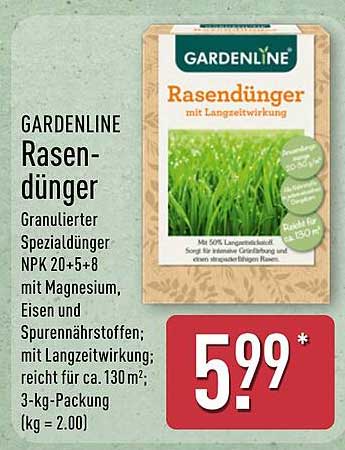 GARDENLINE Rasendünger Granulierter Spezialdünger NPK 20+5+8 mit Magnesium, Eisen und Spurennährstoffen; mit Langzeitwirkung; reicht für ca. 130 m²; 3-kg-Packung (kg = 2.00)