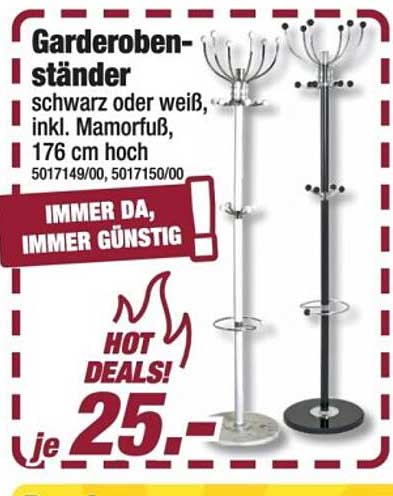 Garderoben-ständer schwarz oder weiß, inkl. Marmorfuß, 176 cm hoch