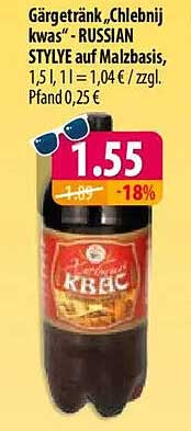 Gärgetränk „Chlebnij kvas“ - RUSSIAN STYLE auf Malzbasis, 1,5 l, 1 l = 1,04 € / zzgl. Pfand 0,25 €