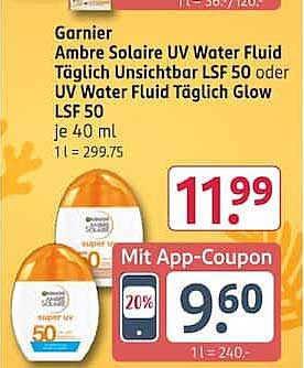 Garnier Ambre Solaire UV Water Fluid Täglich Unsichtbar LSF 50 oder UV Water Fluid Täglich Glow LSF 50 je 40 ml