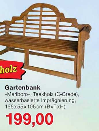 Gartenbank »Marlboro«, Teakholz (C-Grade), wasserbasierte Imprägnierung, 165 x 55 x 105 cm (B x T x H)