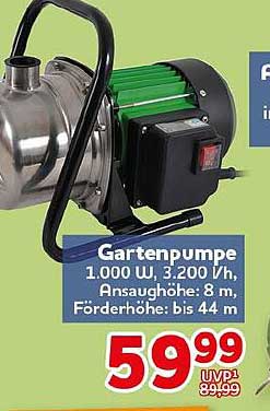 Gartenpumpe 1.000 W, 3.200 l/h, Ansaughöhe: 8 m, Förderhöhe: bis 44 m