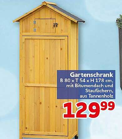 Gartenschrank B 80 x T 54 x H 178 cm, mit Bitumendach und Staufächern, aus Tannenholz