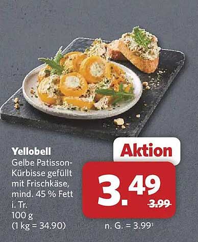 Gelbe Patisson-Kürbisse gefüllt mit Frischkäse, mind. 45 % Fett i. Tr. 100 g
