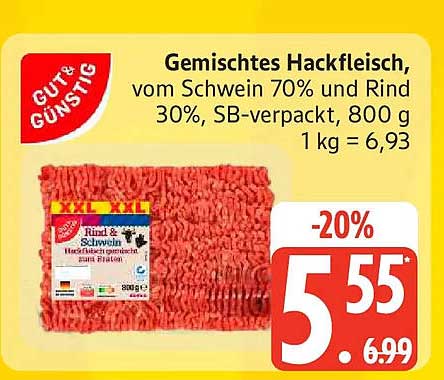 Gemischtes Hackfleisch, vom Schwein 70% und Rind 30%, SB-verpackt, 800 g 1 kg = 6,93