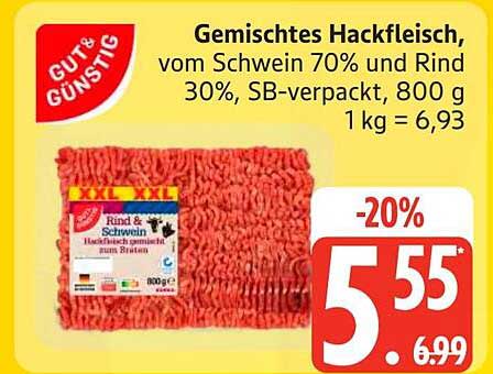 Gemischtes Hackfleisch, vom Schwein 70% und Rind 30%, SB-verpackt, 800 g