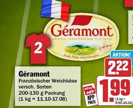 Géramont Französischer Weichkäse versch. Sorten 200-130 g Packung (1 kg = 11.10-17.08)