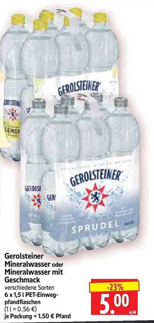 Gerolsteiner Mineralwasser oder Mineralwasser mit Geschmack verschiedene Sorten 6 x 1,5 l PET-Einwegpfandflaschen (1 l = 0.56 €) je Packung + 1.50 € Pfand