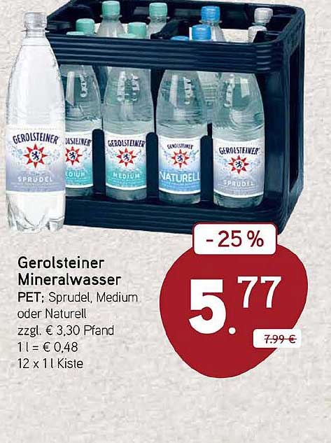 Gerolsteiner Mineralwasser PET; Sprudel, Medium oder Naturell zzgl. € 3,30 Pfand 1 l = € 0,48 12 x 1 l Kiste