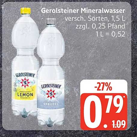 Gerolsteiner Mineralwasser versch. Sorten, 1,5 L zzgl. 0,25 Pfand 1 L = 0,52