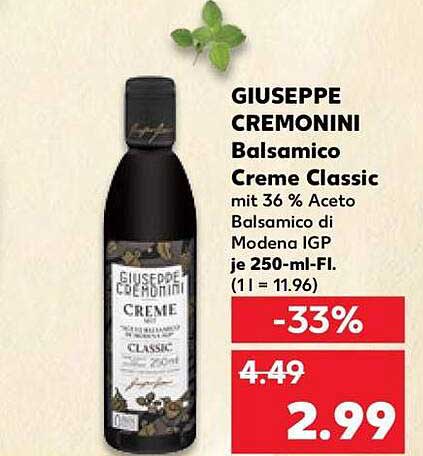 GIUSEPPE CREMONINI Balsamico Creme Classic mit 36 % Aceto Balsamico di Modena IGP je 250-ml-Fl. (1 l = 11.96)