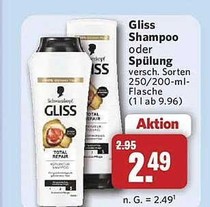 Gliss Shampoo oder Spülung versch. Sorten 250/200-ml-Flasche (1 l ab 9.96)