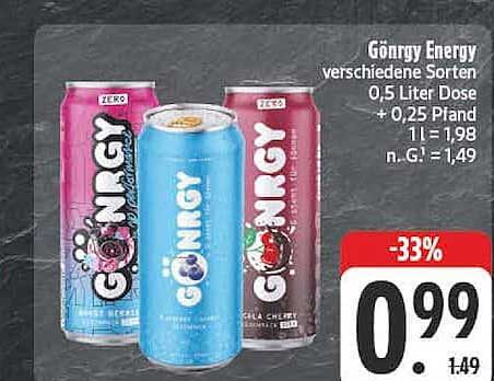 Gönrgy Energy verschiedene Sorten 0,5 Liter Dose + 0,25 Pfand 1 l = 1,98 n. G.1 = 1,49