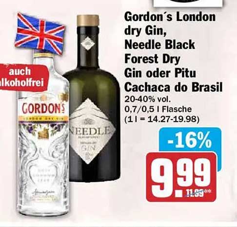 Gordon´s London dry Gin, Needle Black Forest Dry Gin oder Pitu Cachaca do Brasil