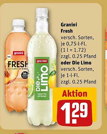 Granini Fresh versch. Sorten, je 0,75-l-Fl. (1 l = 1.72) zzgl. 0.25 Pfand oder Die Limo versch. Sorten, je 1-l-Fl. zzgl. 0.25 Pfand