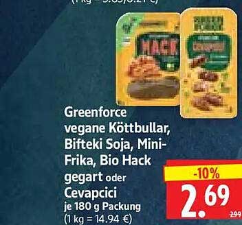 Greenforce vegane Köttbullar, Bifteki Soja, Mini-Frika, Bio Hack gegart oder Cevapcici je 180 g Packung (1 kg = 14.94 €)