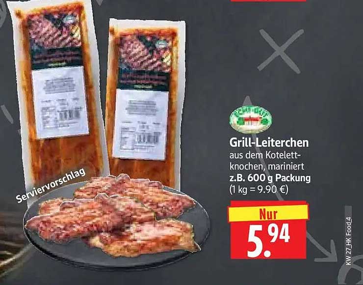 Grill-Leiterchen aus dem Kotlett-knochen, mariniert z.B. 600 g Packung (1 kg = 9.90 €)
