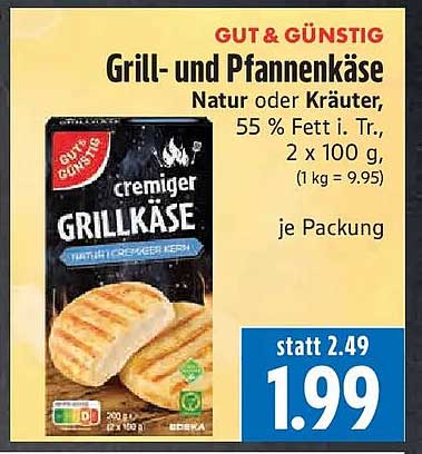 Grill- und Pfannenkäse Natur oder Kräuter, 55 % Fett i. Tr., 2 x 100 g, (1 kg = 9.95)