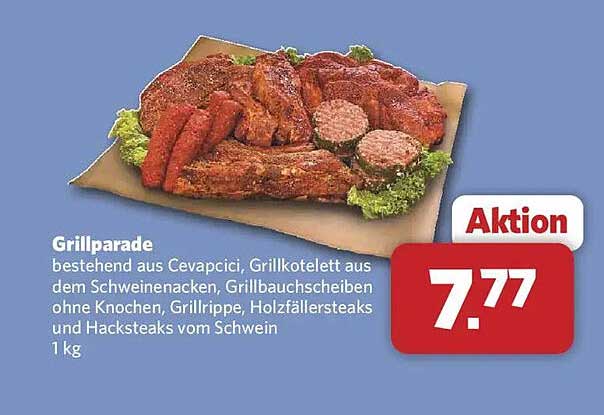 Grillparade bestehend aus Cevapcici, Grillkotelett aus dem Schweinenacken, Grillbauchscheiben ohne Knochen, Grillrippe, Holzfällersteaks und Hacksteaks vom Schwein 1 kg